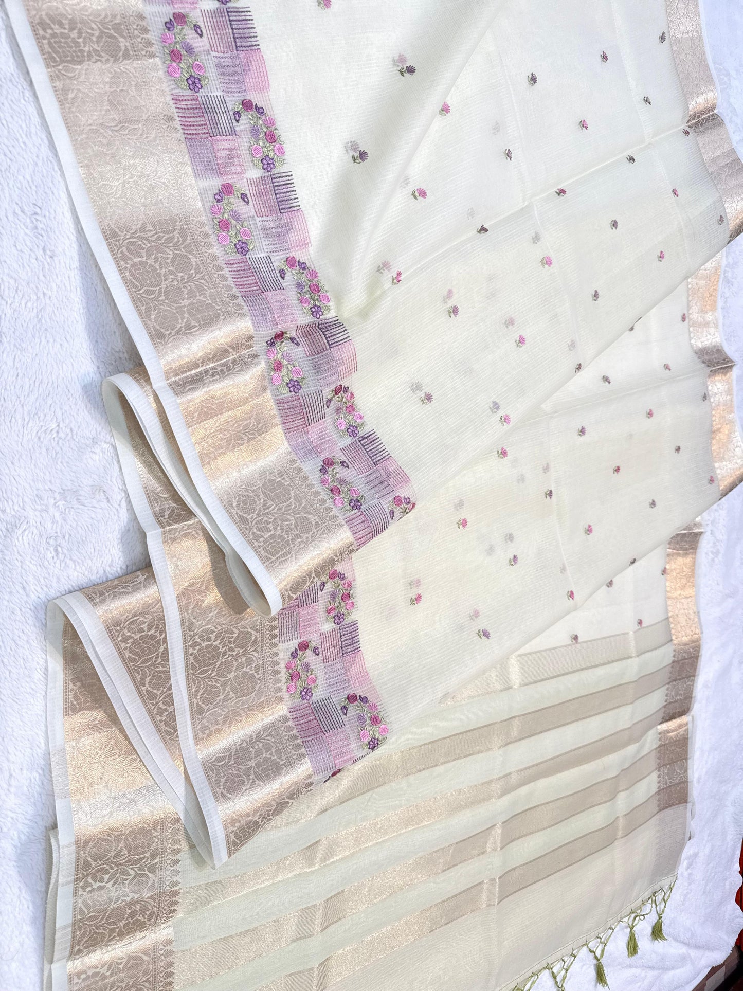 Green Cotton Kota Designer Embroidery Premium Banarasi Saree