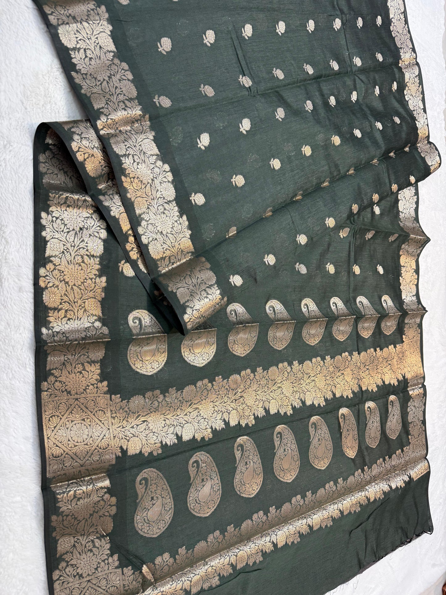 Bottle Green Tusser Silk Banarasi Saree