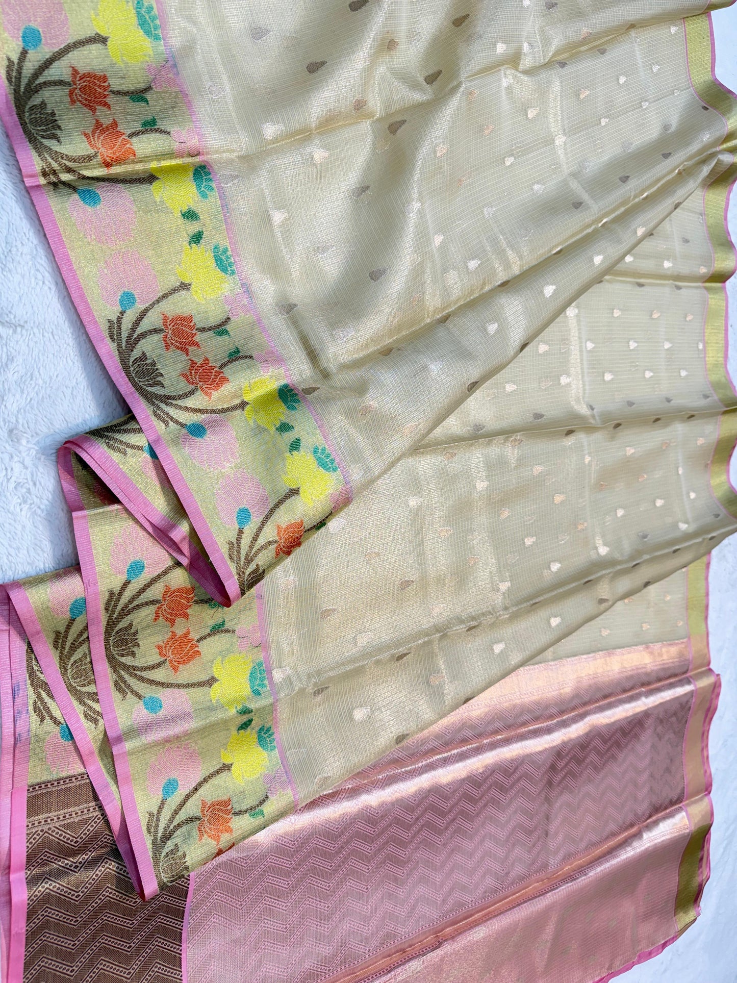 Beige Tissue Kota Pathni Border Premium Banarasi Saree