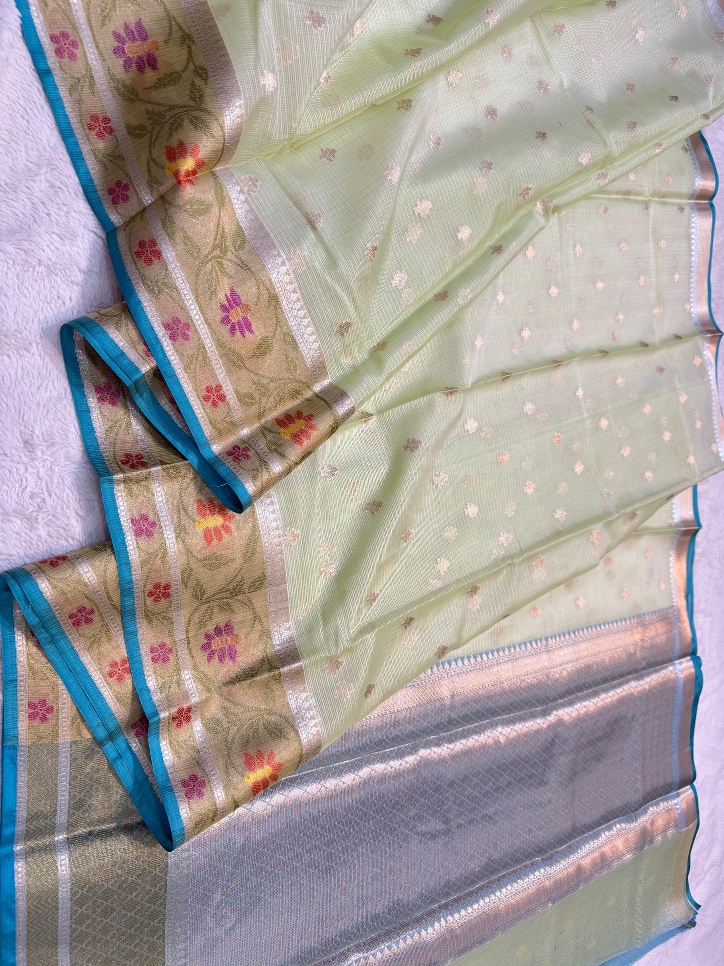 Pista Green Cotton Kota Pathni Border Premium Banarasi Saree