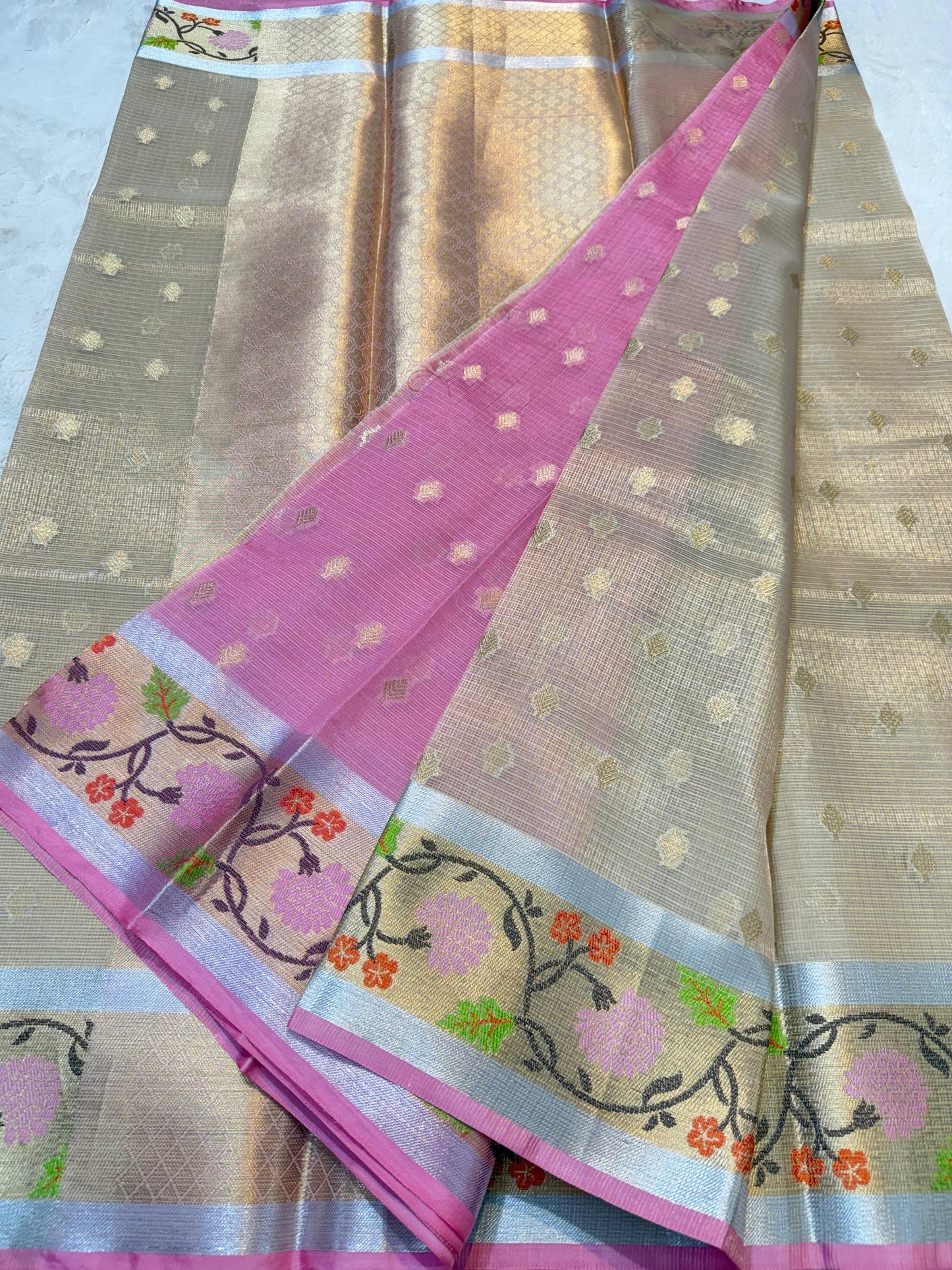 Beige Tissue Kota Pathni Border Premium Banarasi Saree