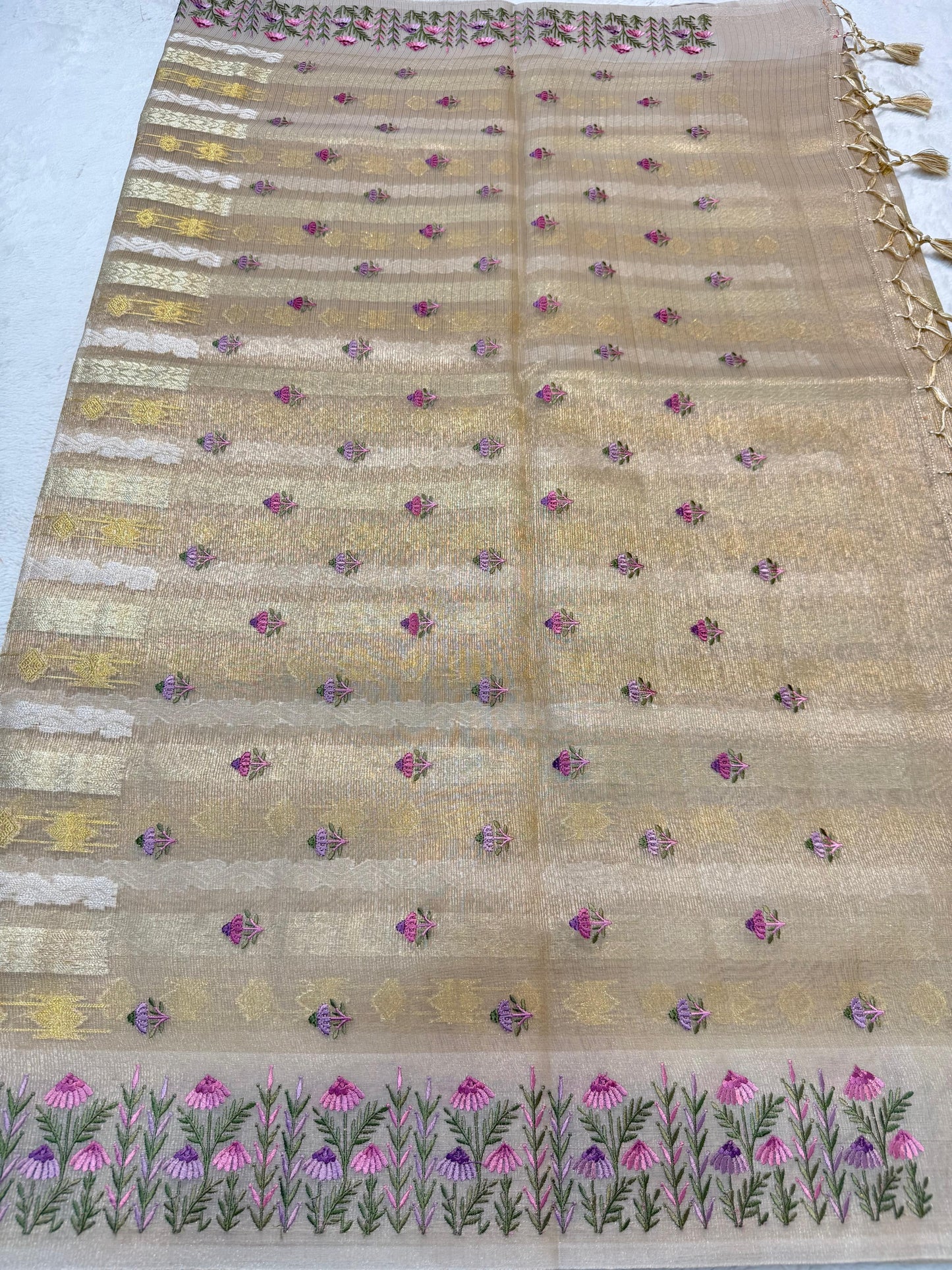 Beige Tissue Kota Designer Embroidery Premium Banarasi Saree