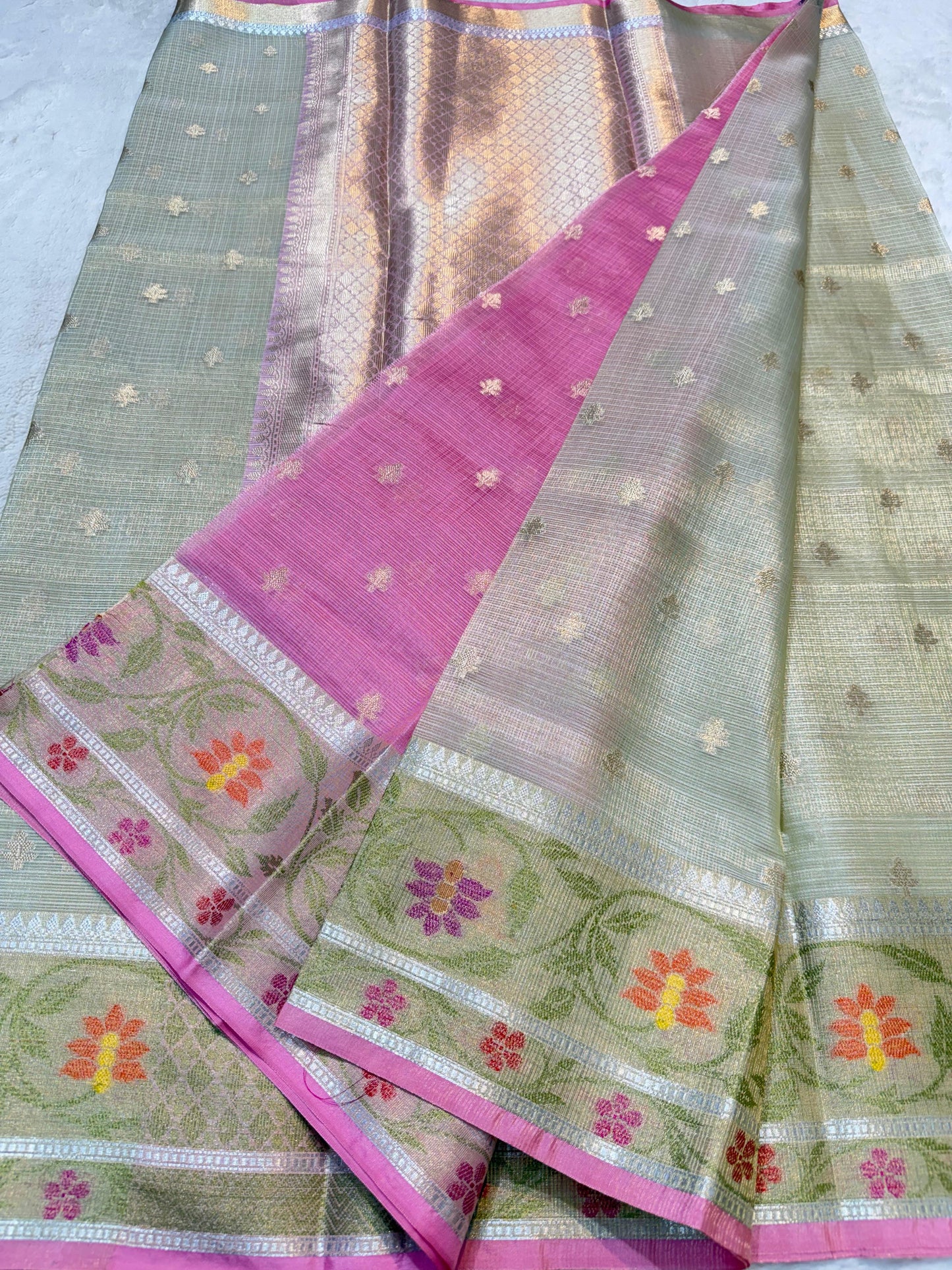 Pista Green Tissue Kota Pathni Border Premium Banarasi Saree