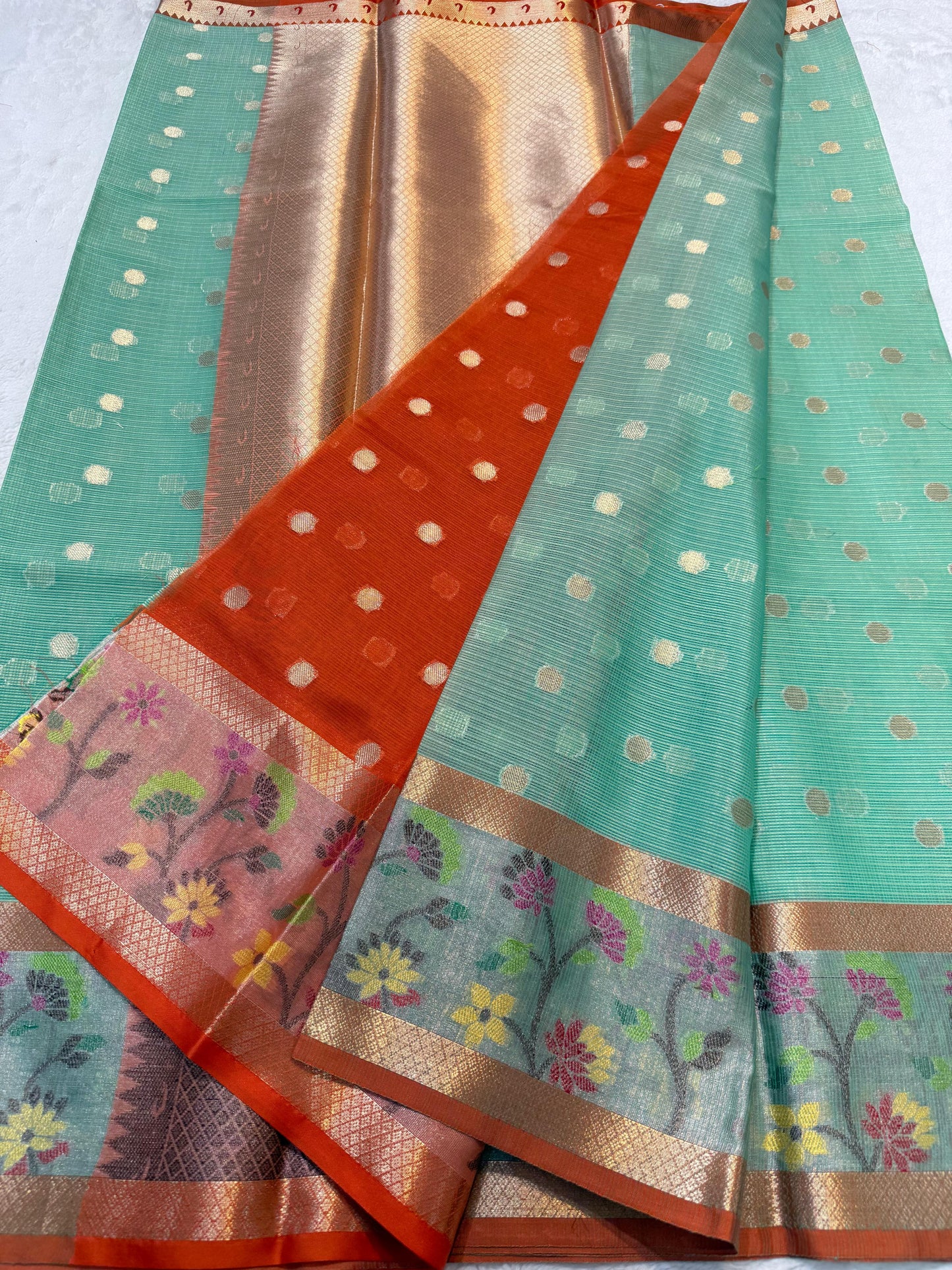 Sea Green Cotton Kota Paithani Border Premium Banarasi Saree