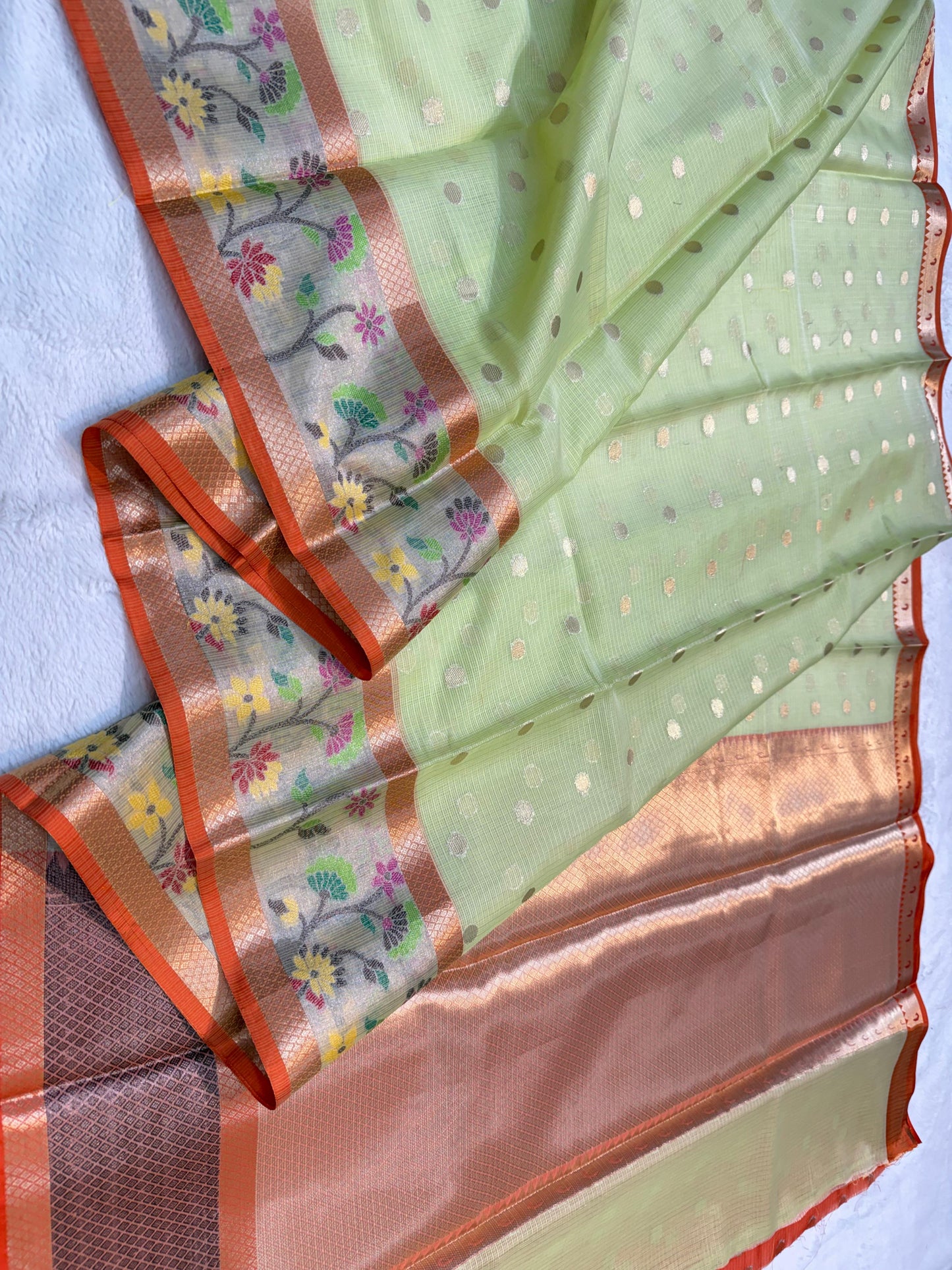 Pista Green Cotton Kota Paithani Border Premium Banarasi Saree