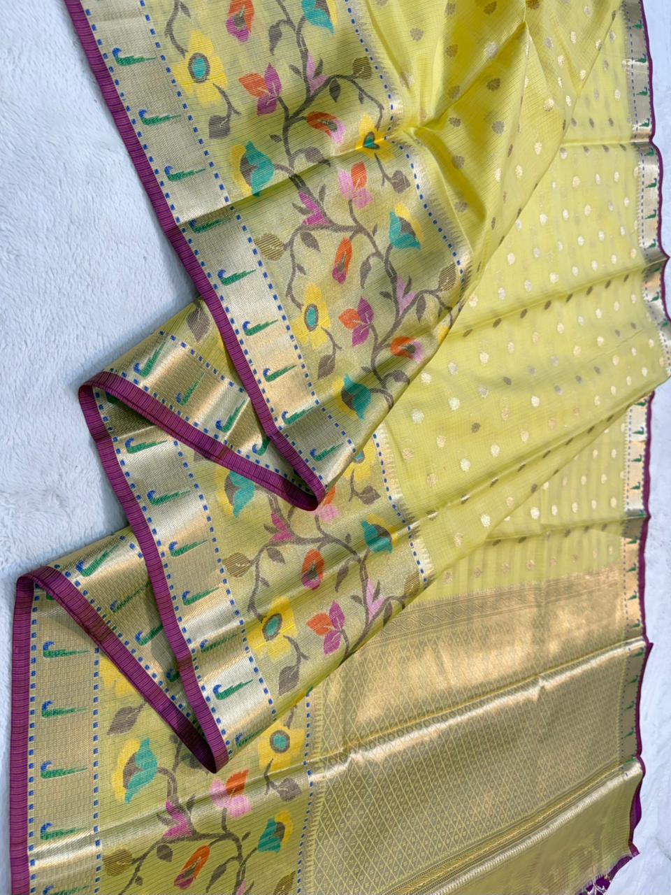 Gold Cotton Kota Pathni Border Premium Banarasi Saree