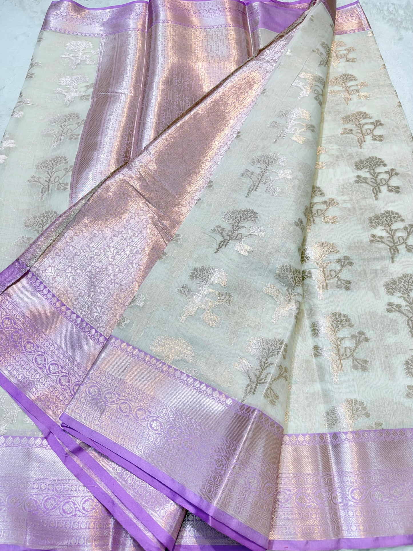 Cream Lovender Shade Cotton Silk Premium Banarasi Saree