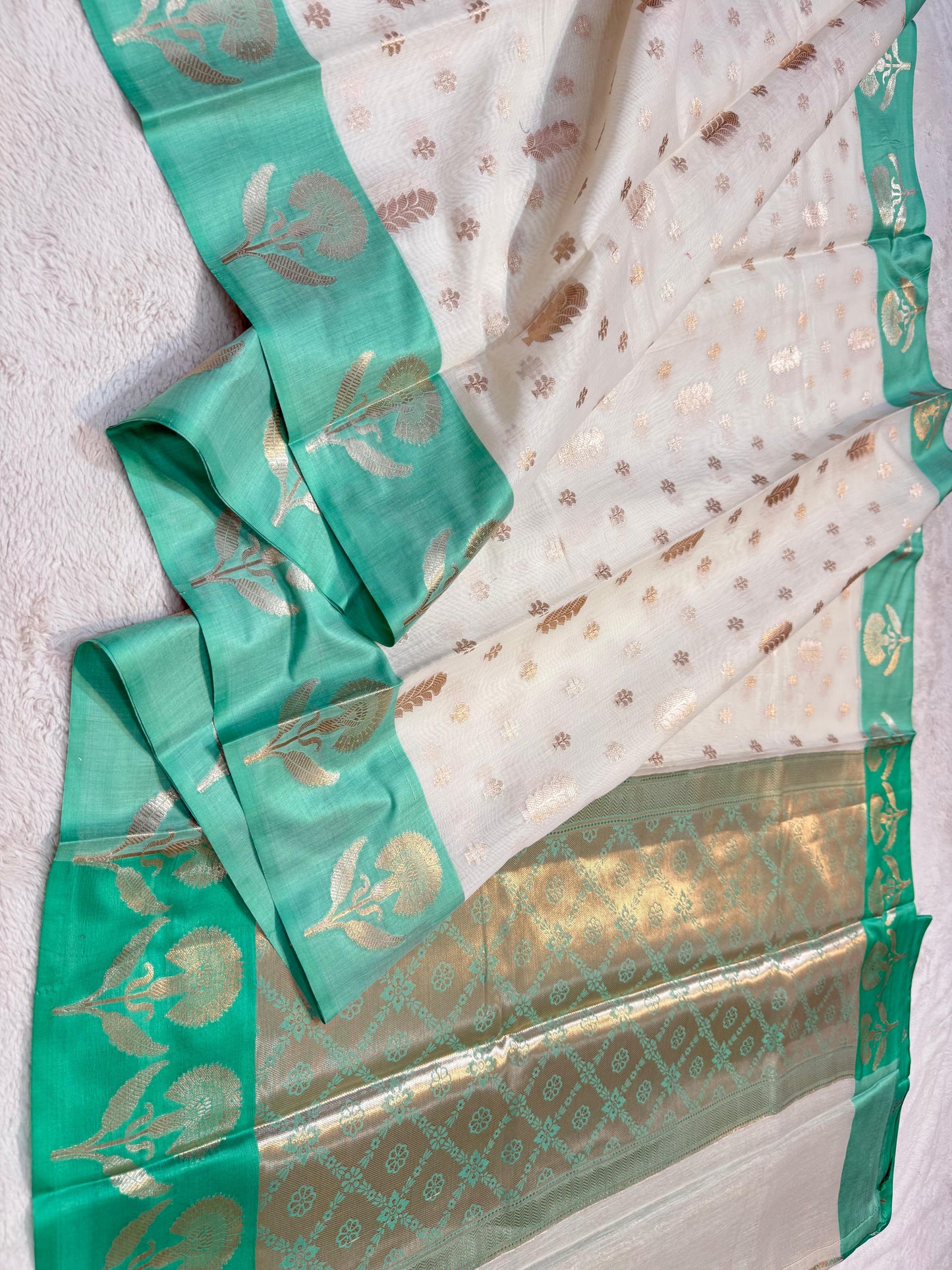Turquoise Green Cotton Silk Premium Banarasi Saree