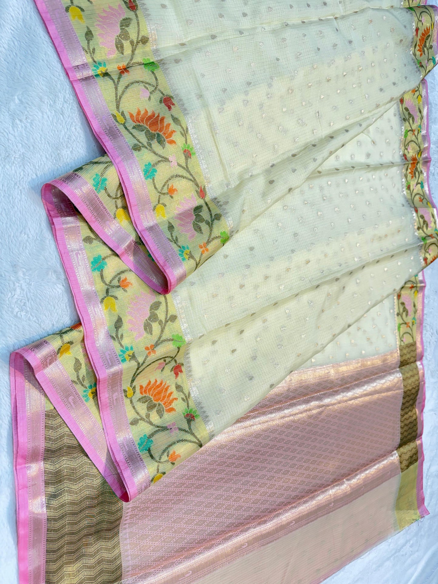 Off white Cotton Kota Paithani Border Premium Banarasi Saree