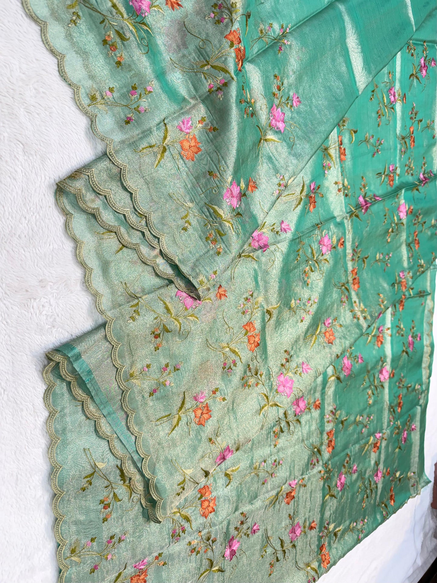 Sea Green Tissue Designer Embroidery Premium Banarasi Saree