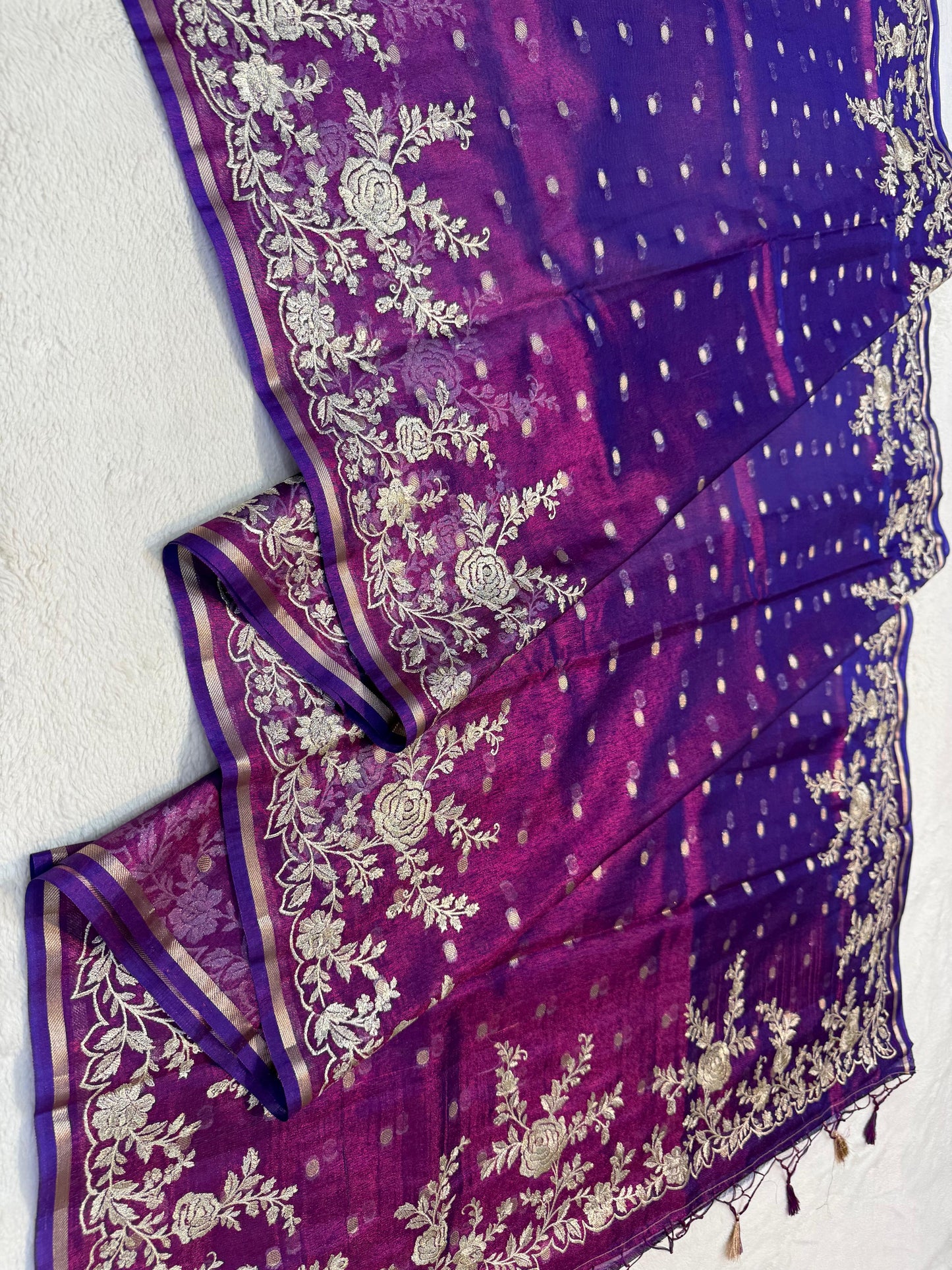 Magenta Tissue Designer Embroidery Premium Banarasi Saree