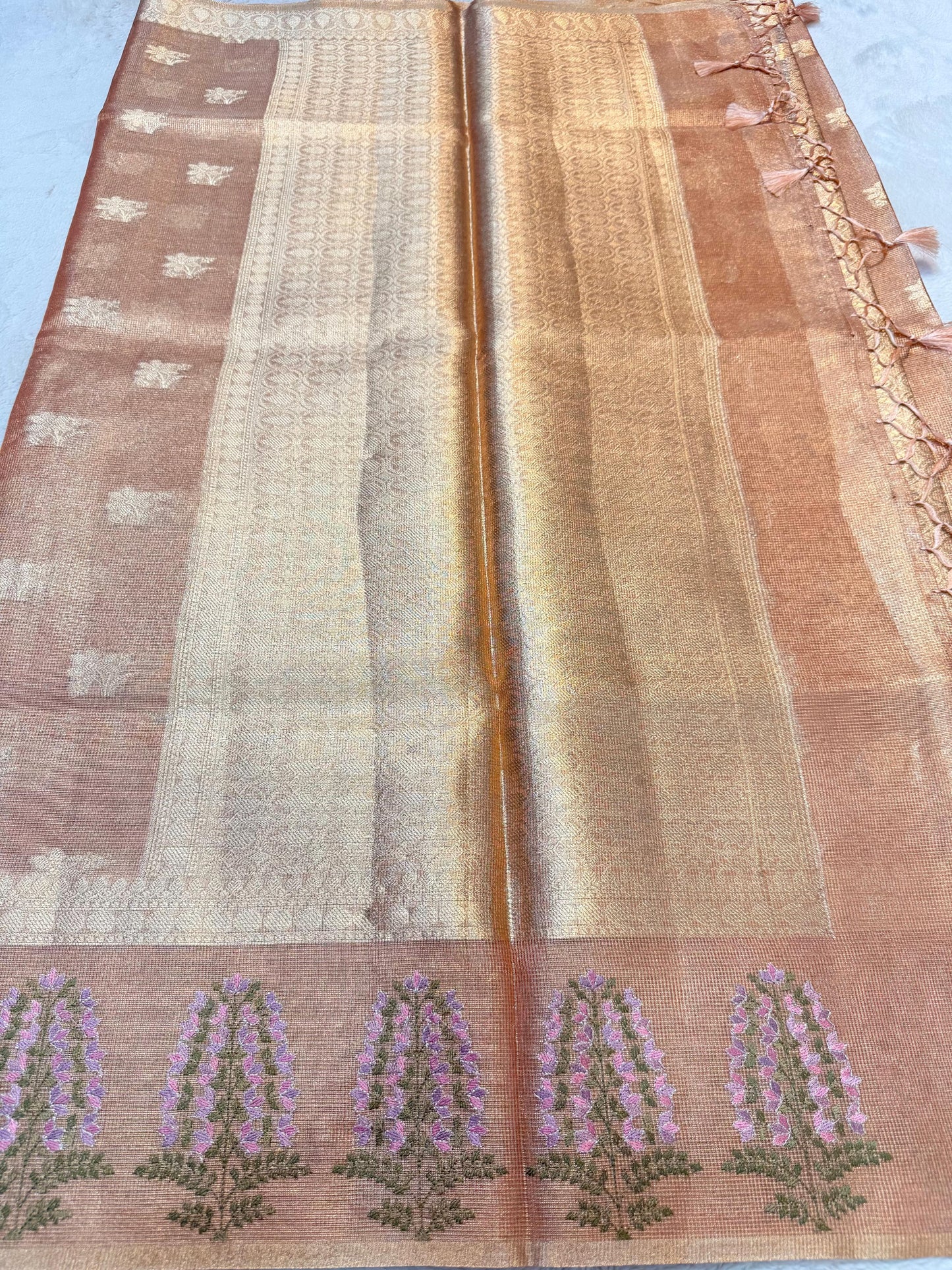 Peach Tissue Designer Embroidery Premium Banarasi Saree