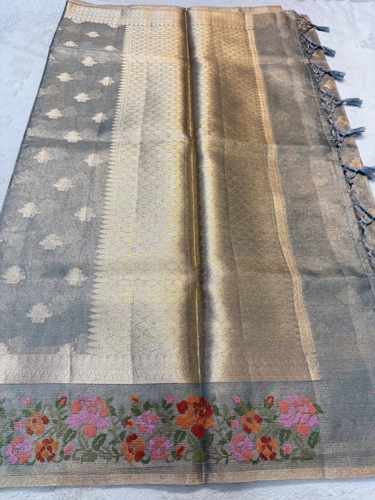 Gray Tissue Kota Designer Embroidery Premium Banarasi Saree