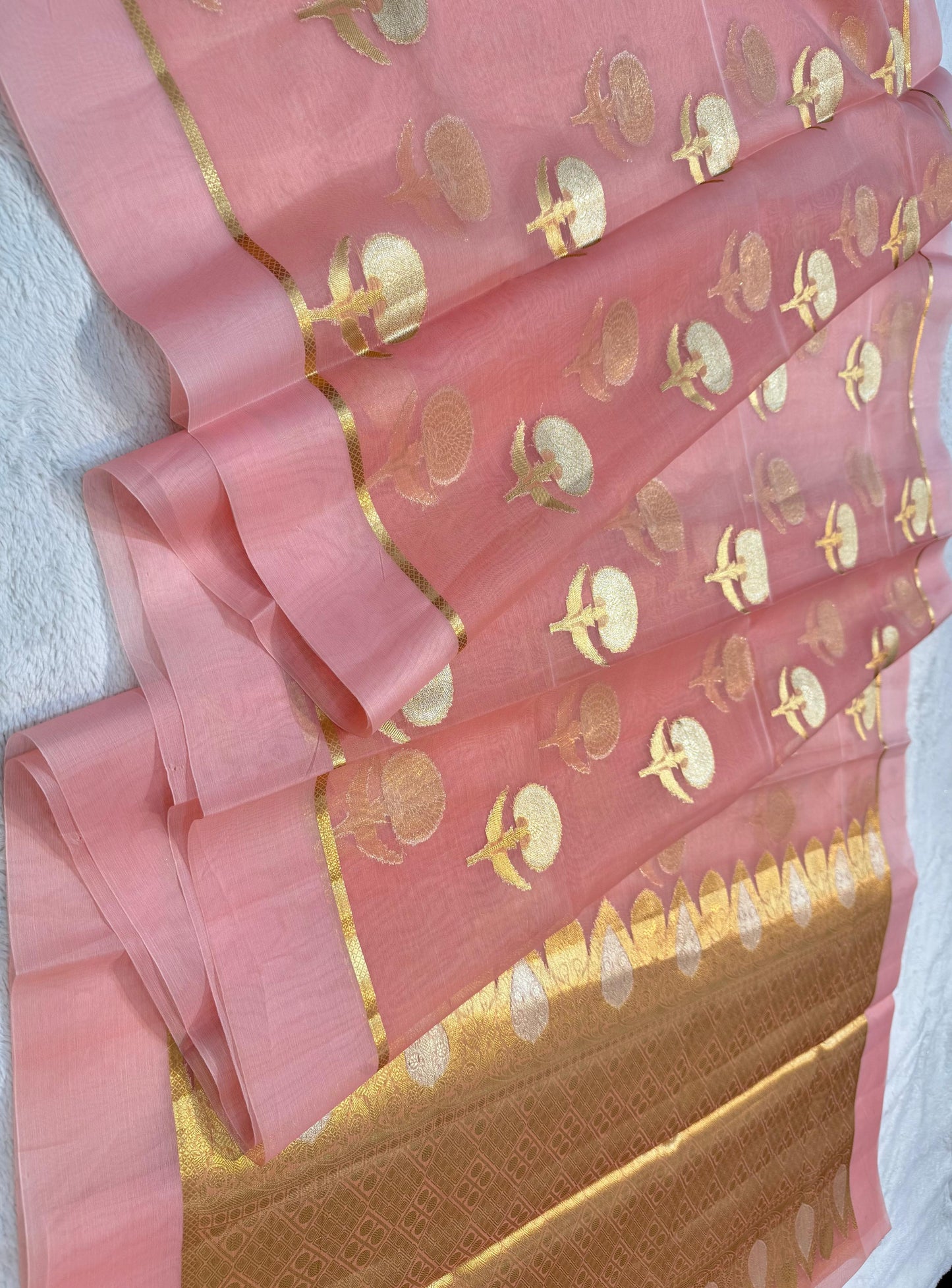 Peach Kora Organza Banarasi Saree
