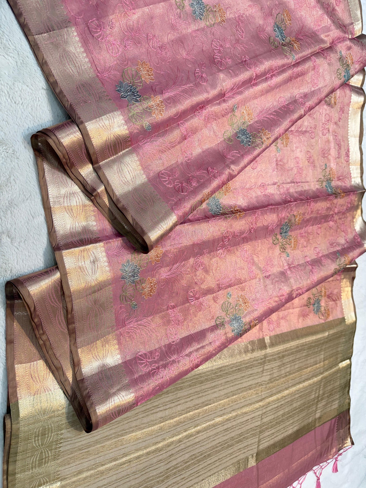 Pink Tissue Designer Embroidery Premium Banarasi Saree