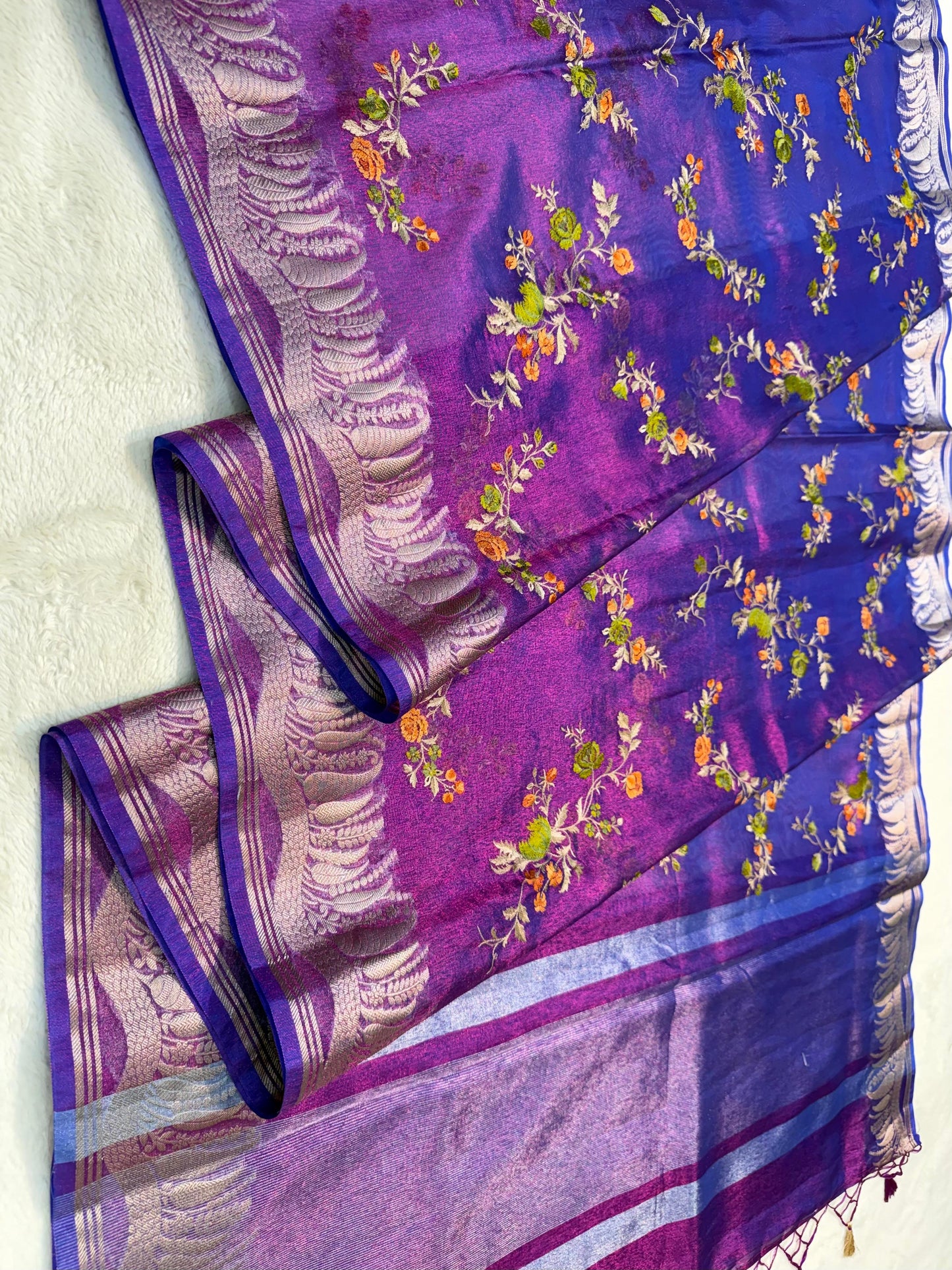 Blue Tissue Designer Embroidery Premium Banarasi Saree