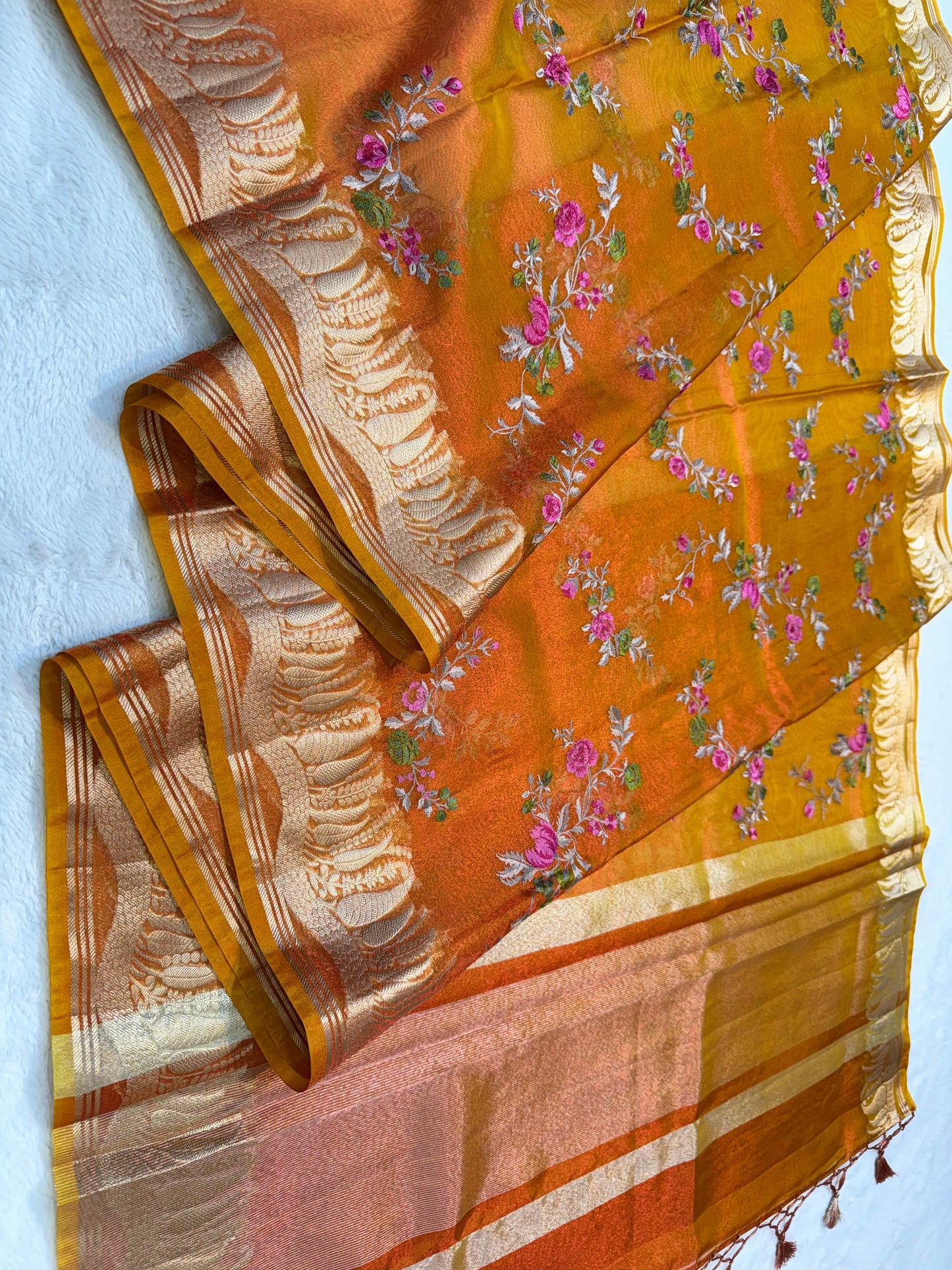 Orange Tissue Designer Embroidery Premium Banarasi Saree
