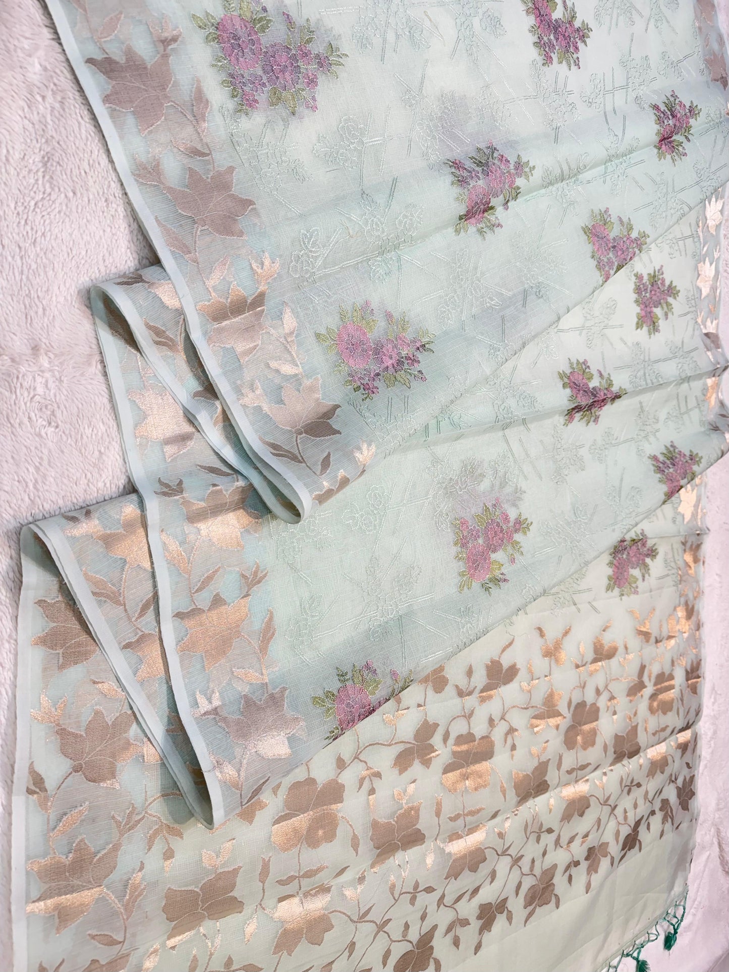 Ocean Green Cotton Kota Designer Embroidery Premium Banarasi Saree