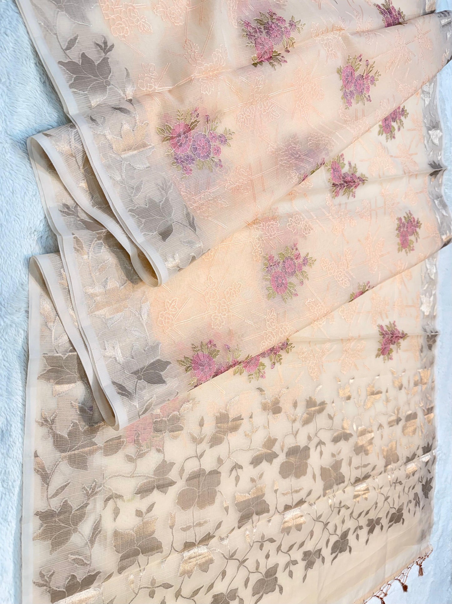 Peach Cotton Kota Designer Embroidery Premium Banarasi Saree
