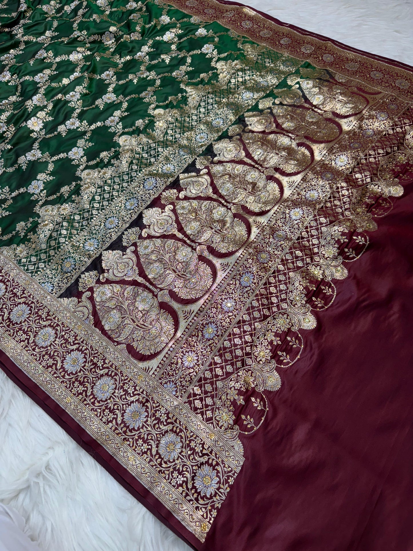 Green Satan Katan Handwork Premium Banarasi Silk Saree
