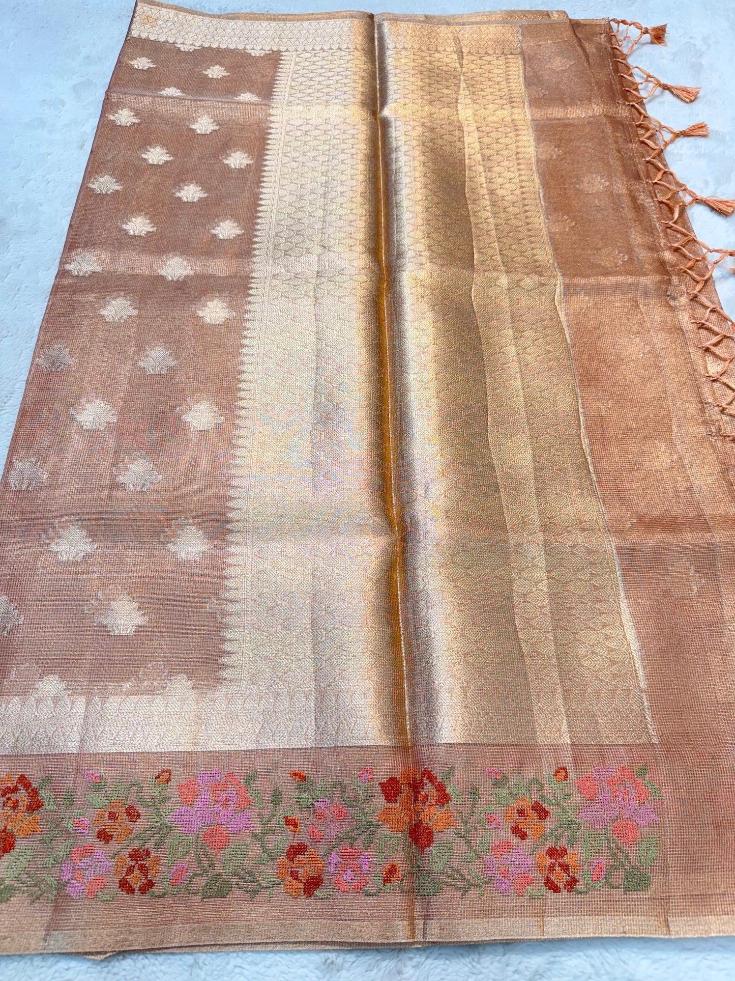 Peach Tissue Kota Designer Embroidery Premium Banarasi Saree