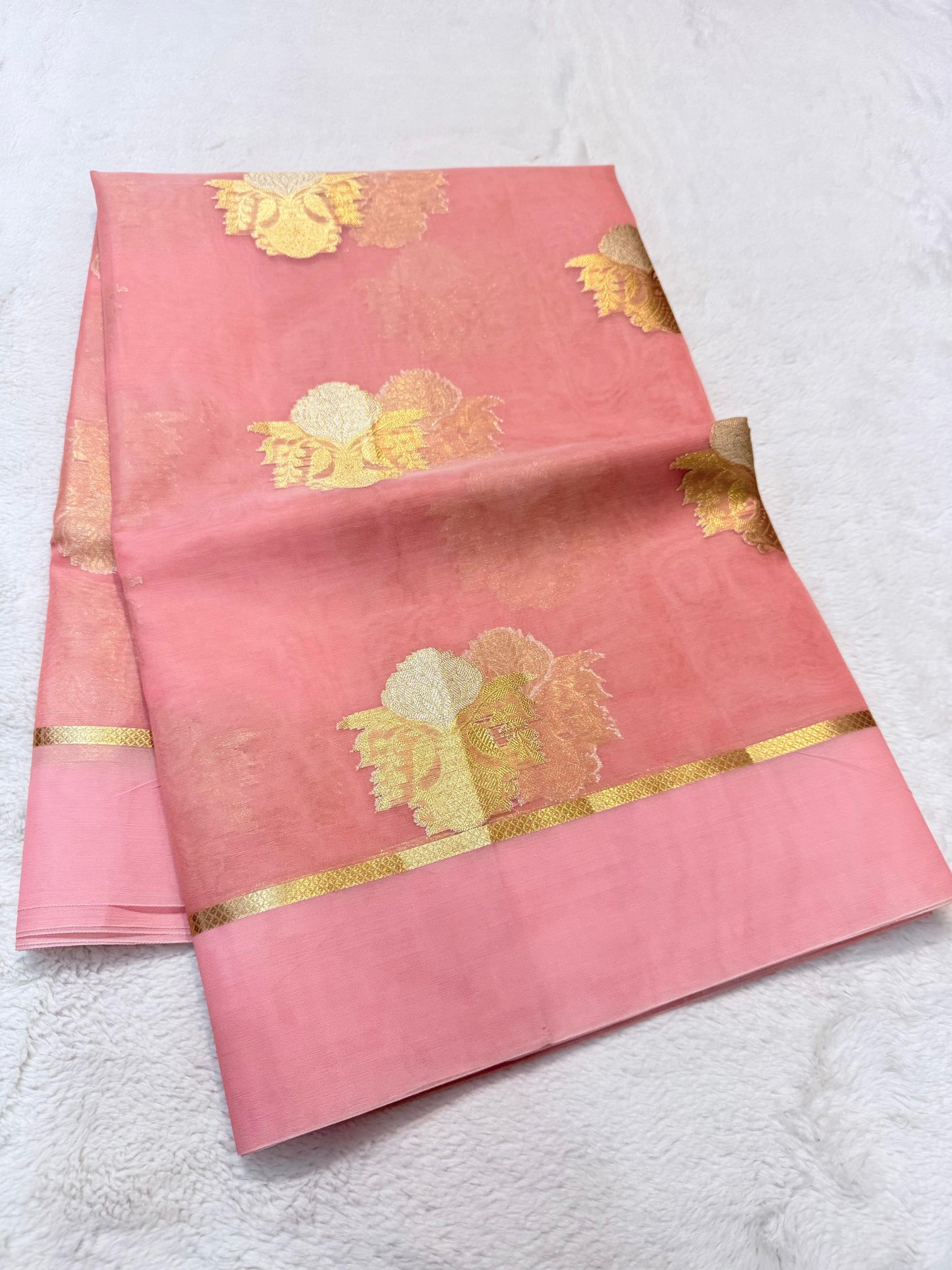 Peach Kora Organza Banarasi Saree