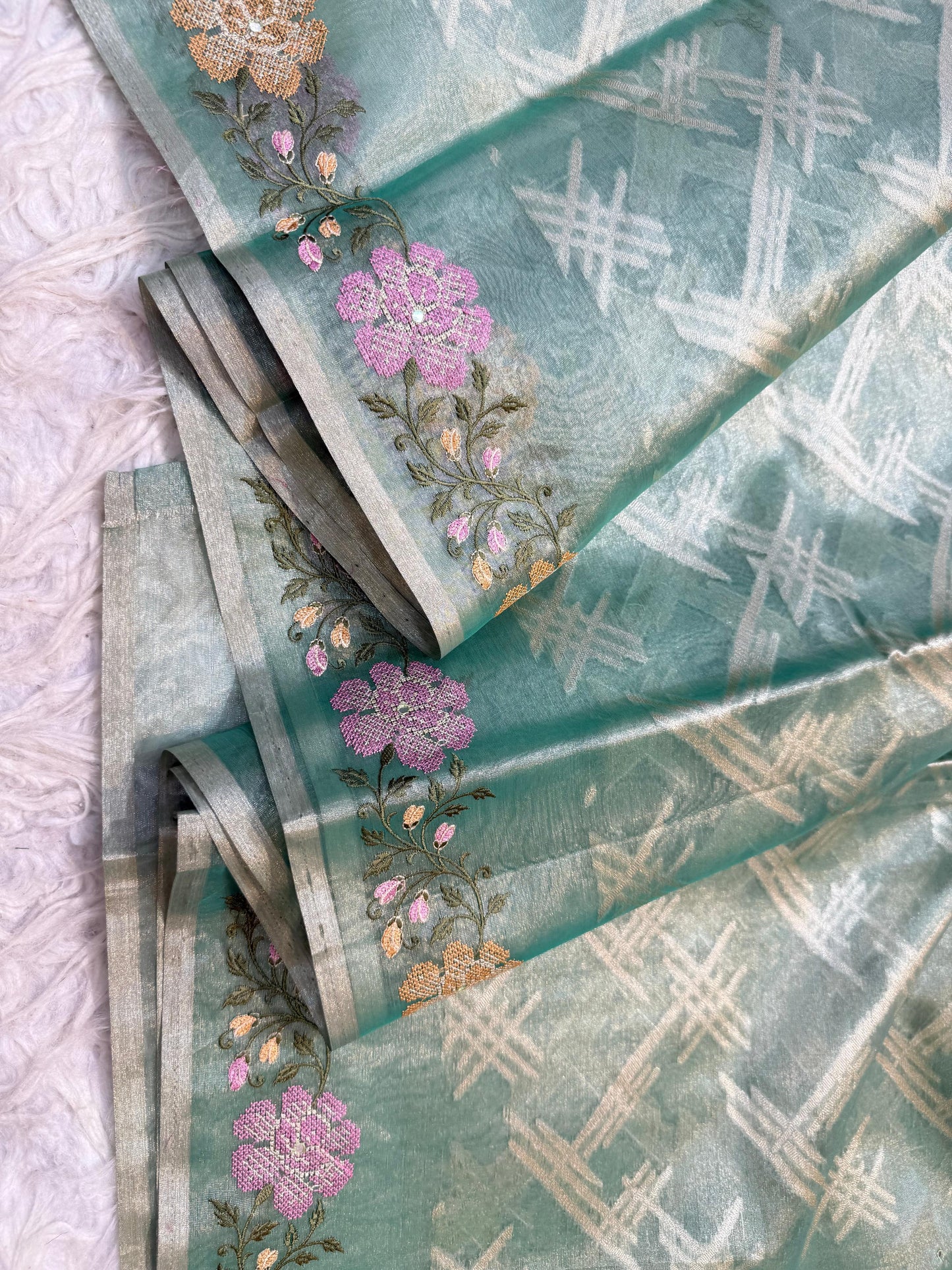 Sea Green Tissue Embroidery Handwork Premium Banarasi Saree