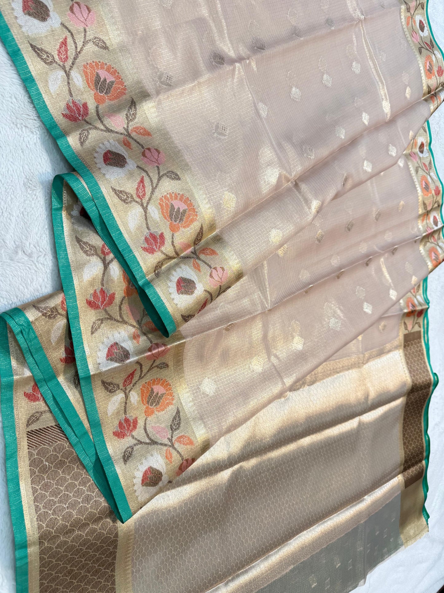 Beige Tissue Kota Paithani Border Premium Banarasi Saree