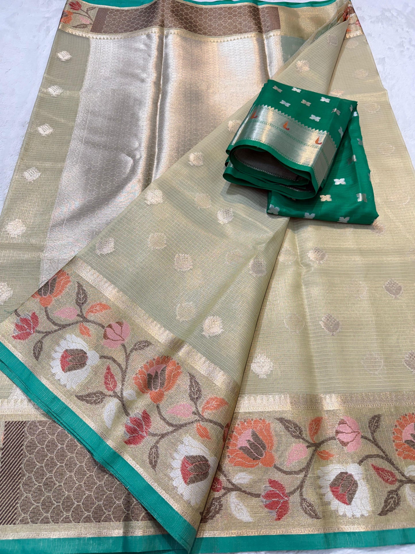 Pista Green Tissue Kota Paithani Border Premium Banarasi Saree