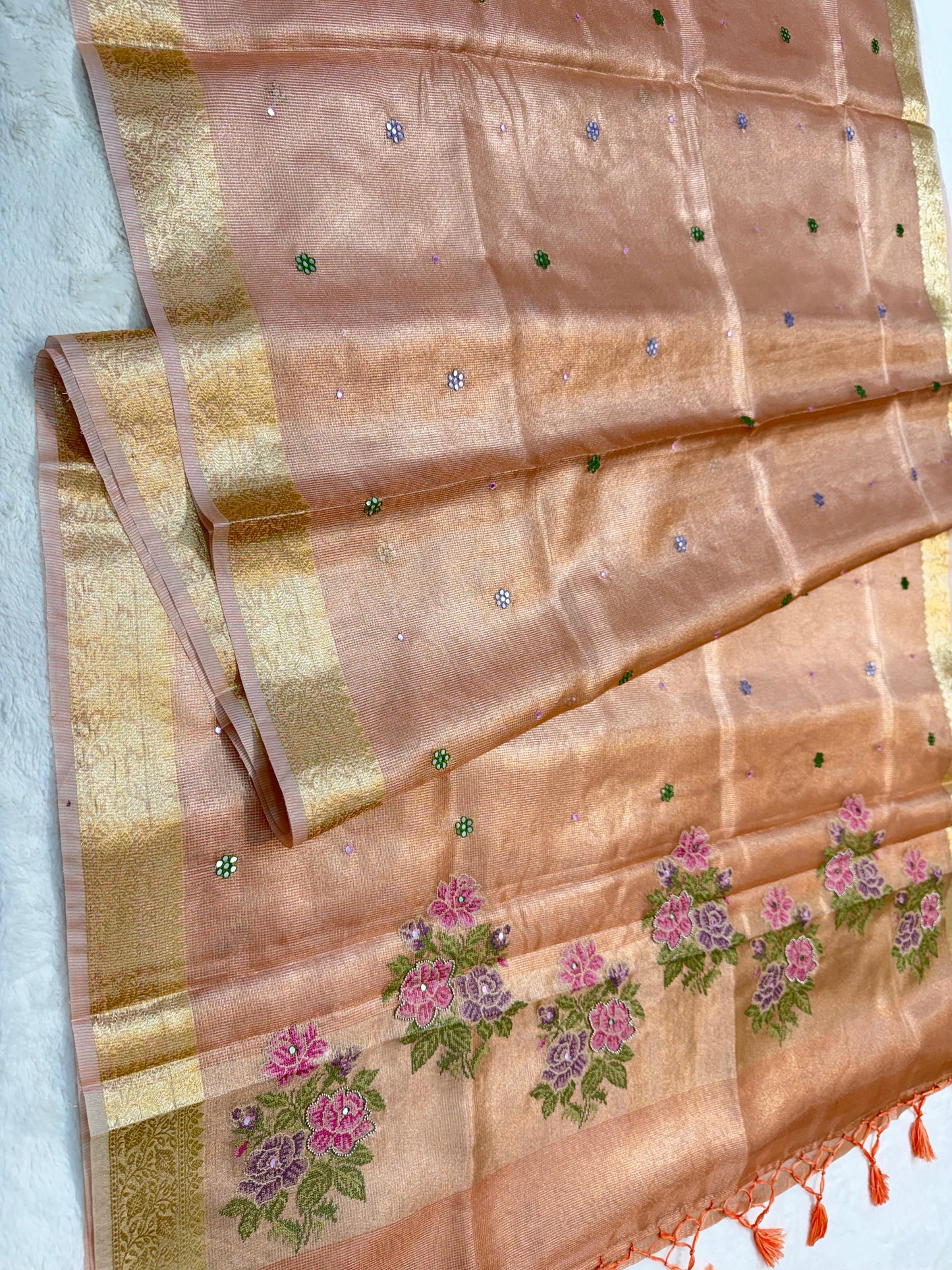Peach Tissue Kota Embroidery Handwork Premium Banarasi