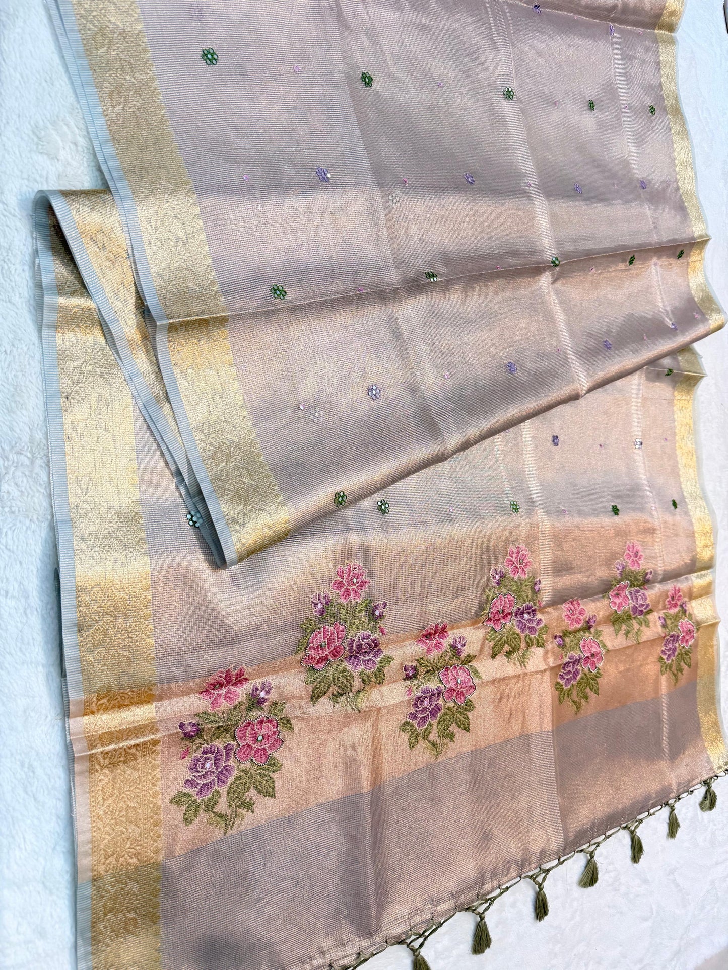 Gray Tissue Kota Embroidery Handwork Premium Banarasi