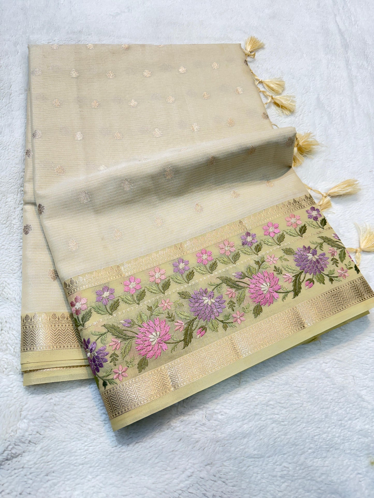 Pista Green Cotton Kota Designer Embroidery Premium Banarasi Saree
