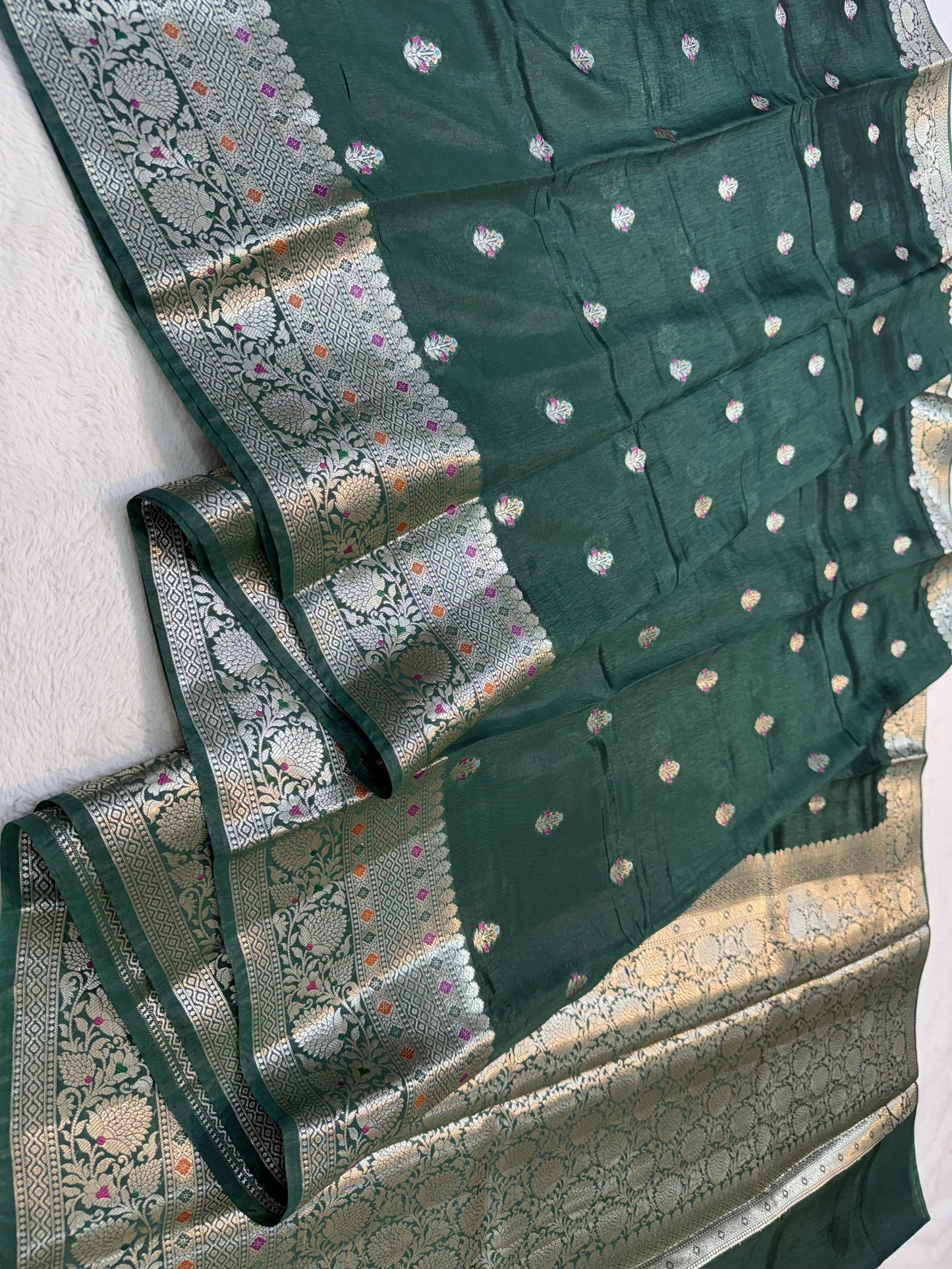 Bottle Green Raw Mango Premium Banarasi Saree