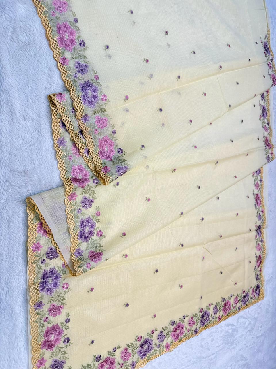 Gold Cotton Kota Designer Cutwork Embroidered Premium Banarasi Saree