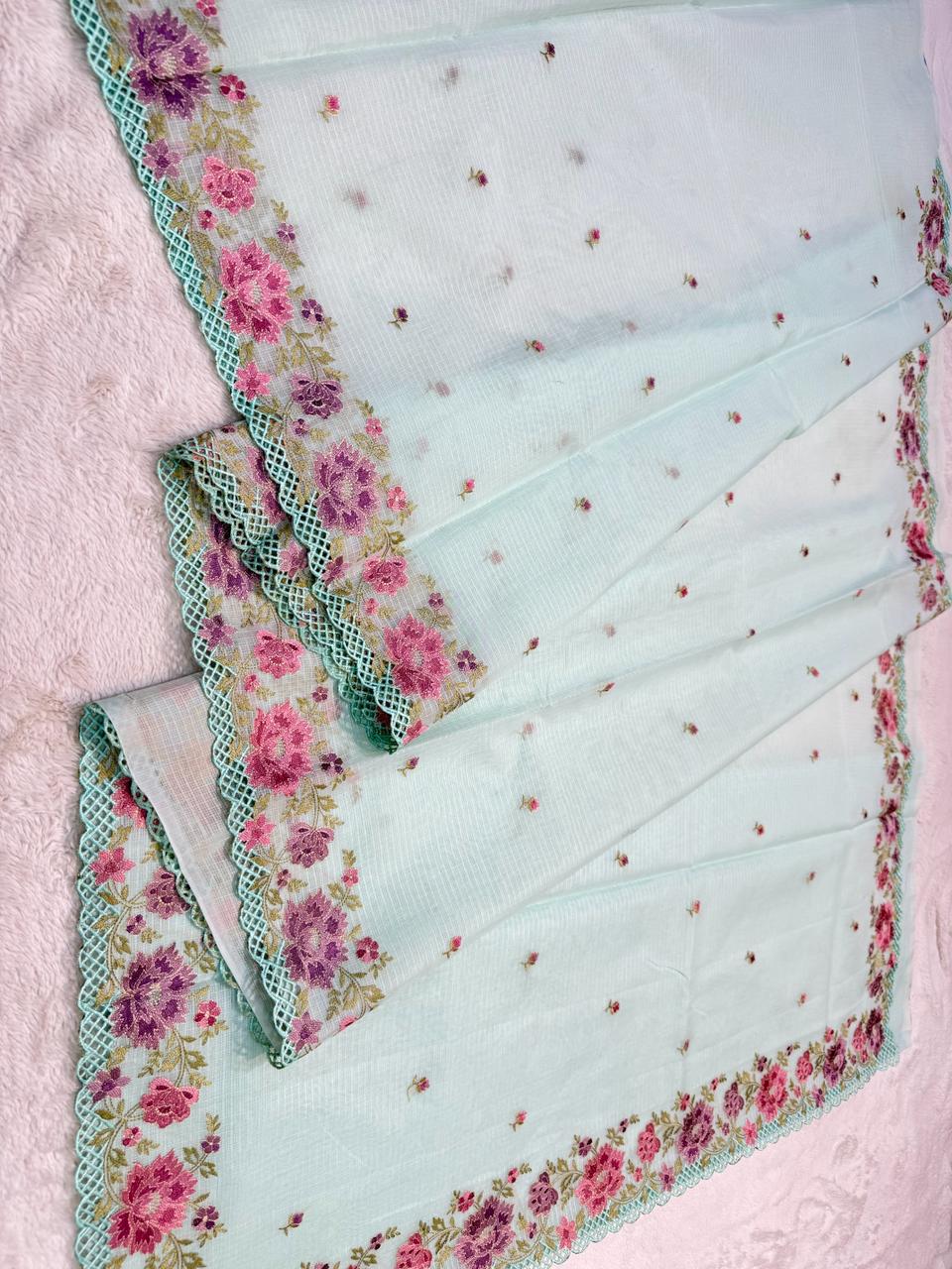 Ocean Blue Cotton Kota Designer Cutwork Embroidered Premium Banarasi Saree