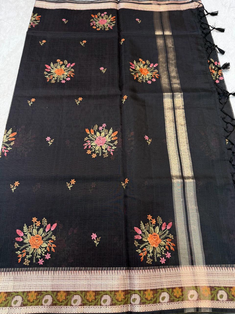 Black Cotton Kota Designer Embroidery Premium Banarasi Saree