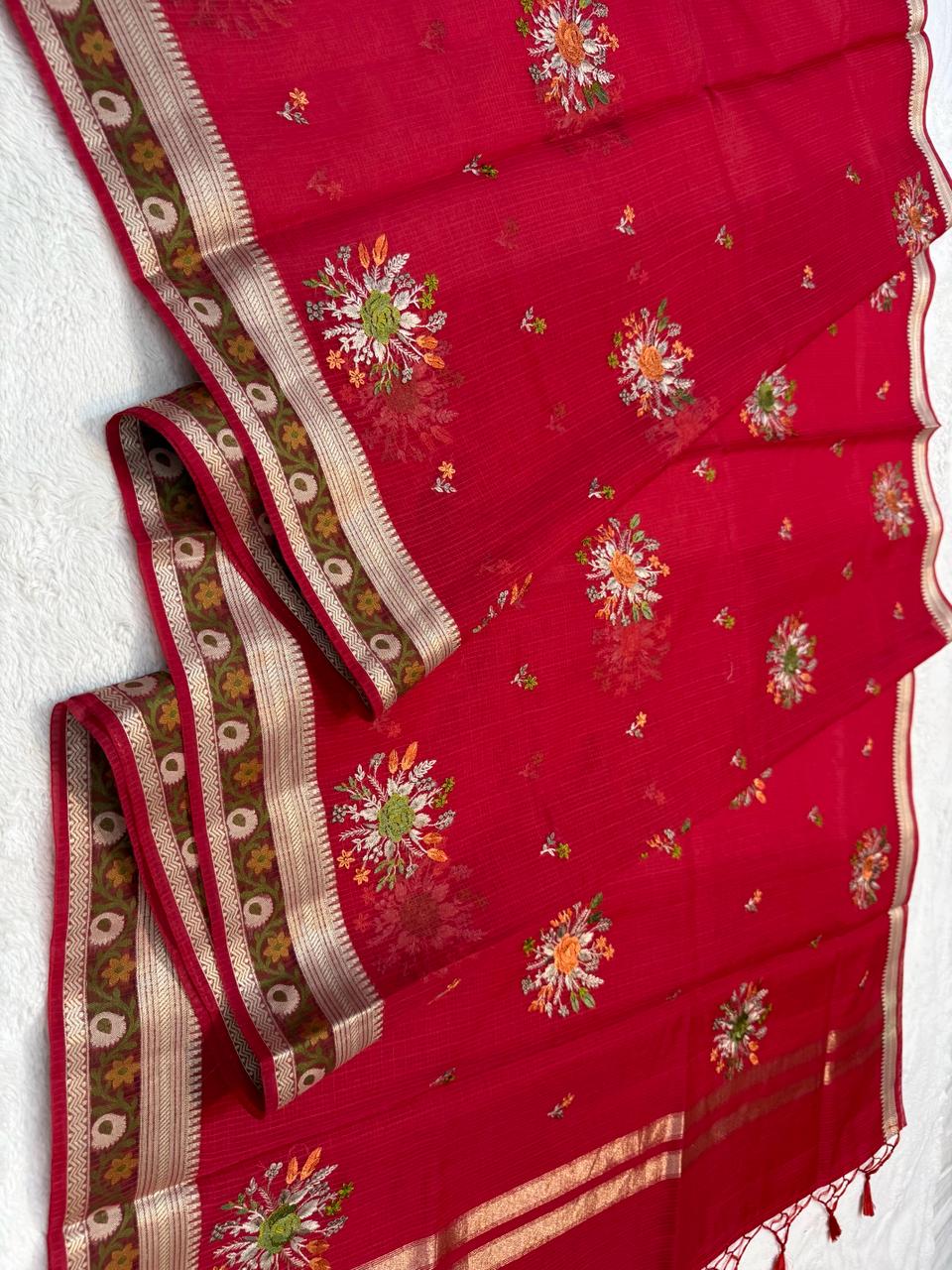 Red Cotton Kota Designer Embroidery Premium Banarasi Saree