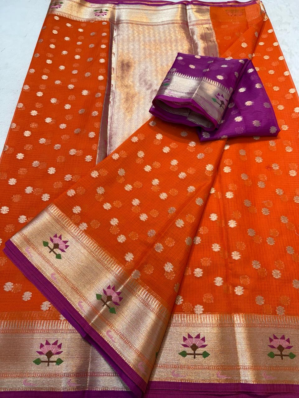Orange Cotton Kota Paithani Border Premium Banarasi Saree