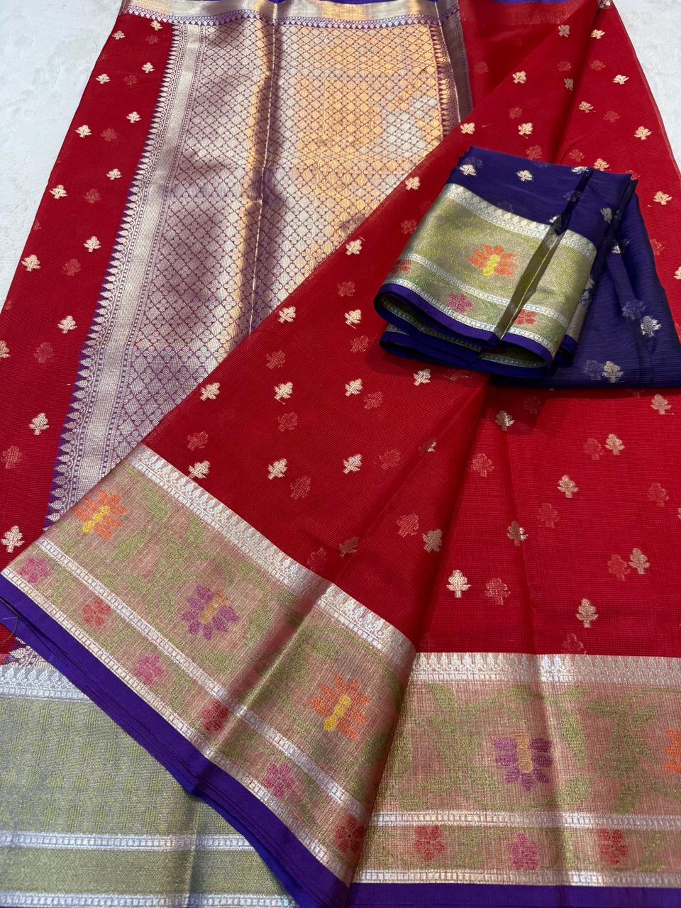 Red Cotton Kota Paithani Border Premium Banarasi Saree
