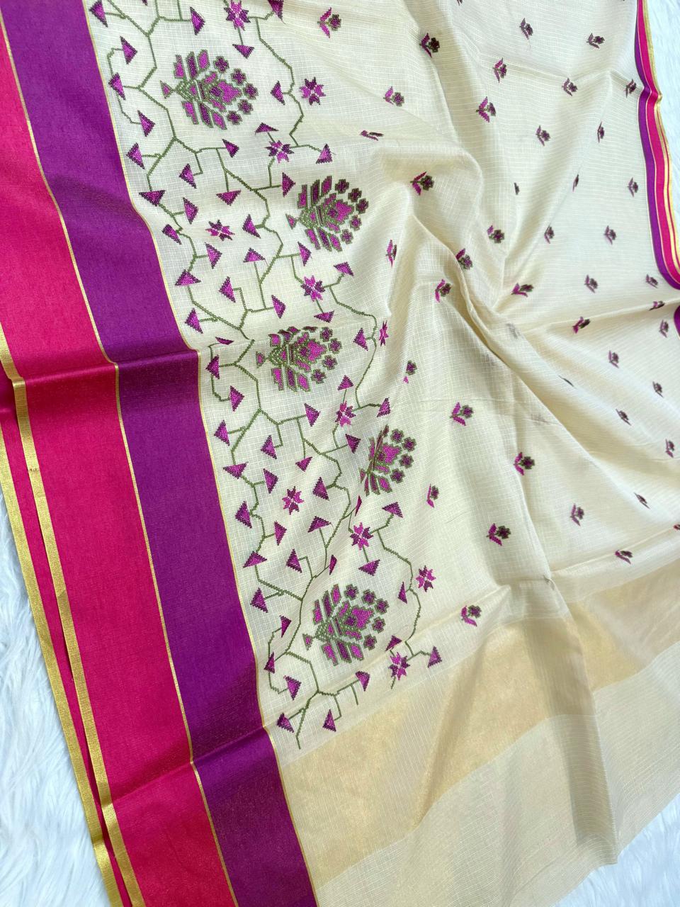 White Multi Shade Border Tissue Kota Embroidery Banarasi Saree (Copy)