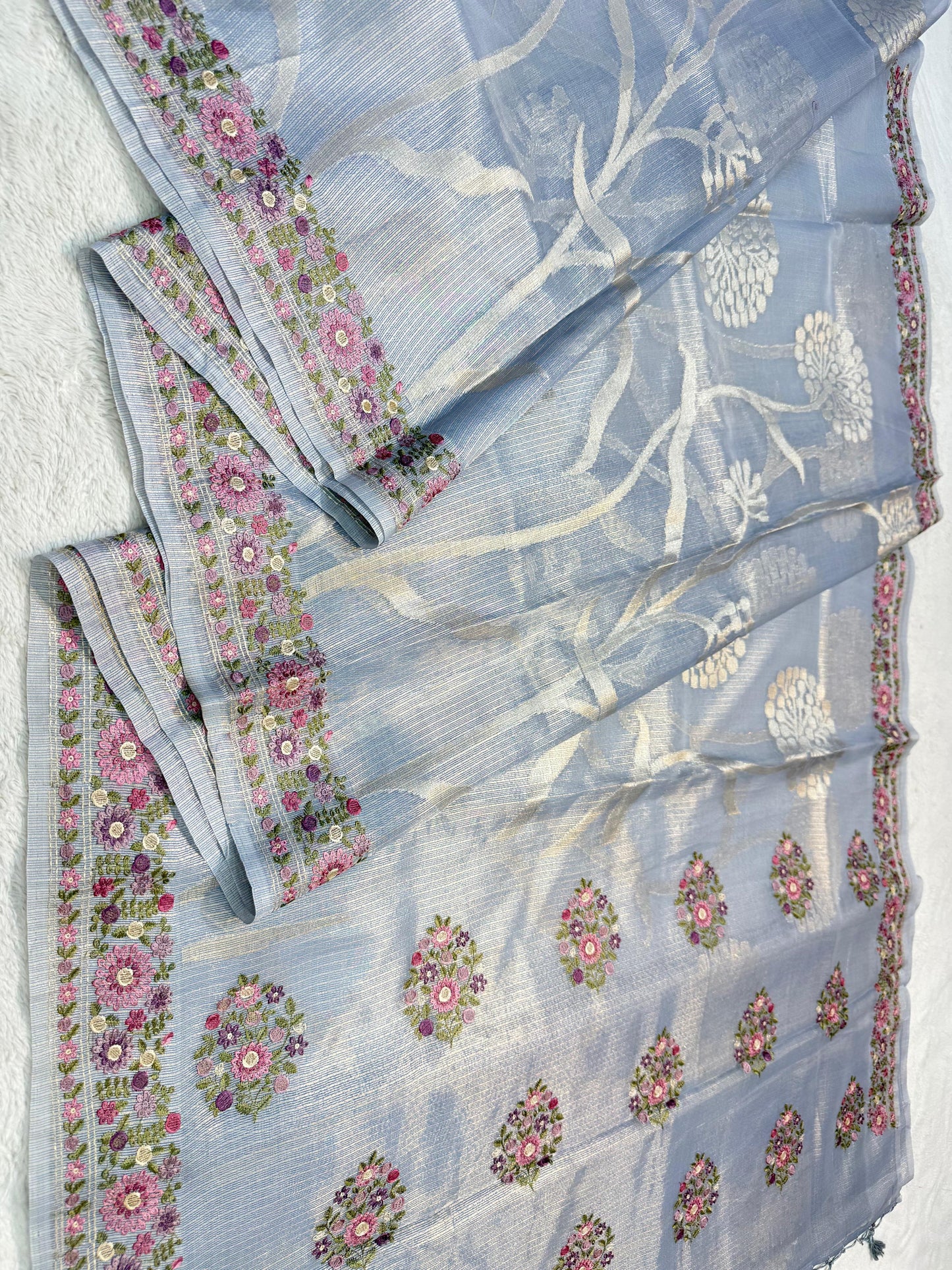 Powder Blue Tissue Kota Designer Embroidery Premium Banarasi Saree