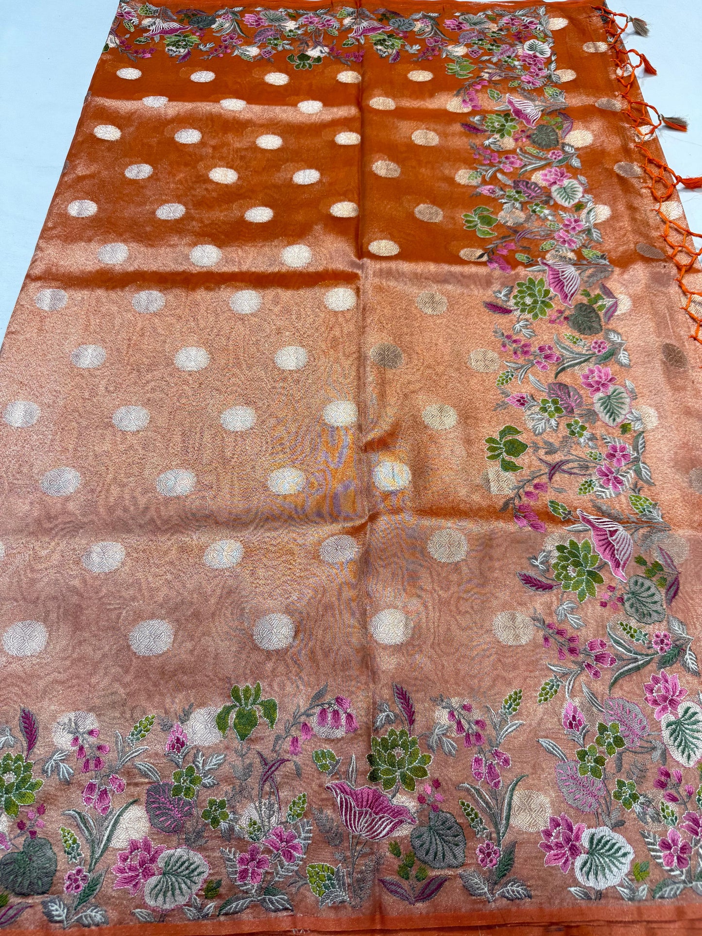 Orange Tissue Designer Embroidery Premium Banarasi Saree