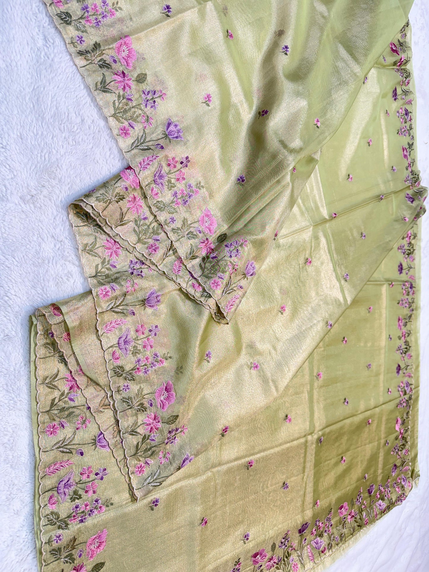 Pista Green Tissue Cutwork Designer Embroidery Premium Banarasi Saree