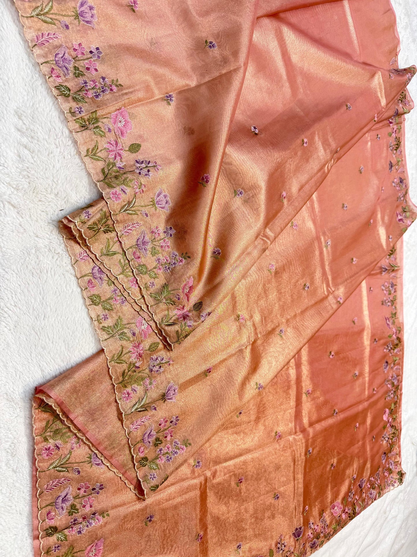 Peach Shade Tissue Cutwork Designer Embroidery Premium Banarasi Saree