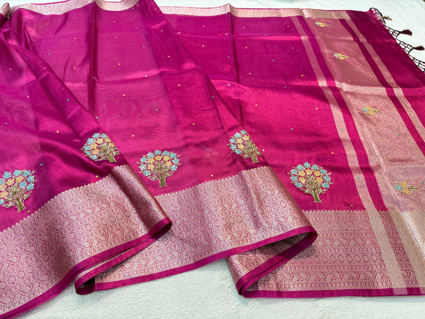 Rani Tissue Cutwork Designer Embroidery Premium Banarasi Saree