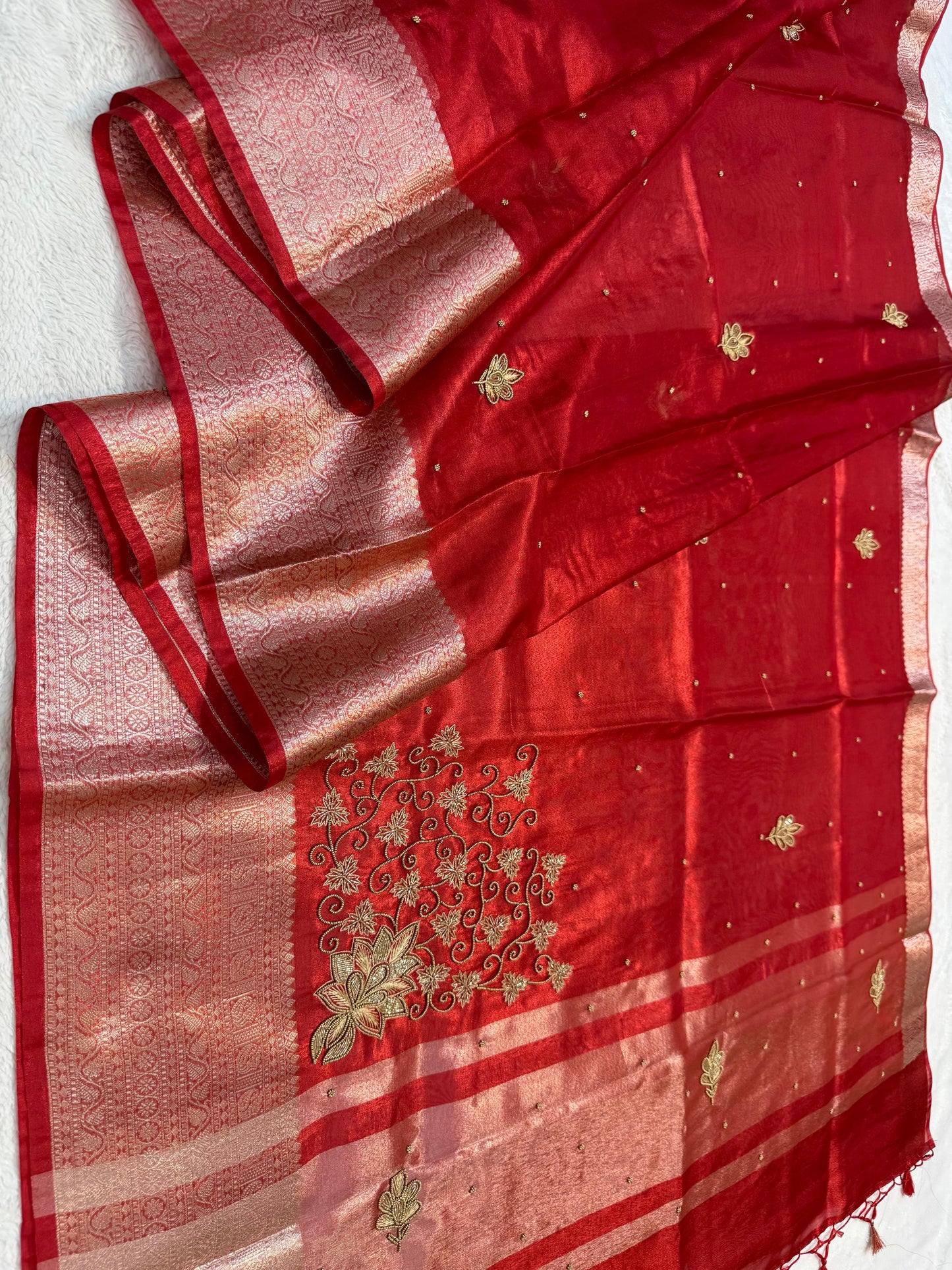 Red Tissue Designer Handwork Premium Banarasi Saree
