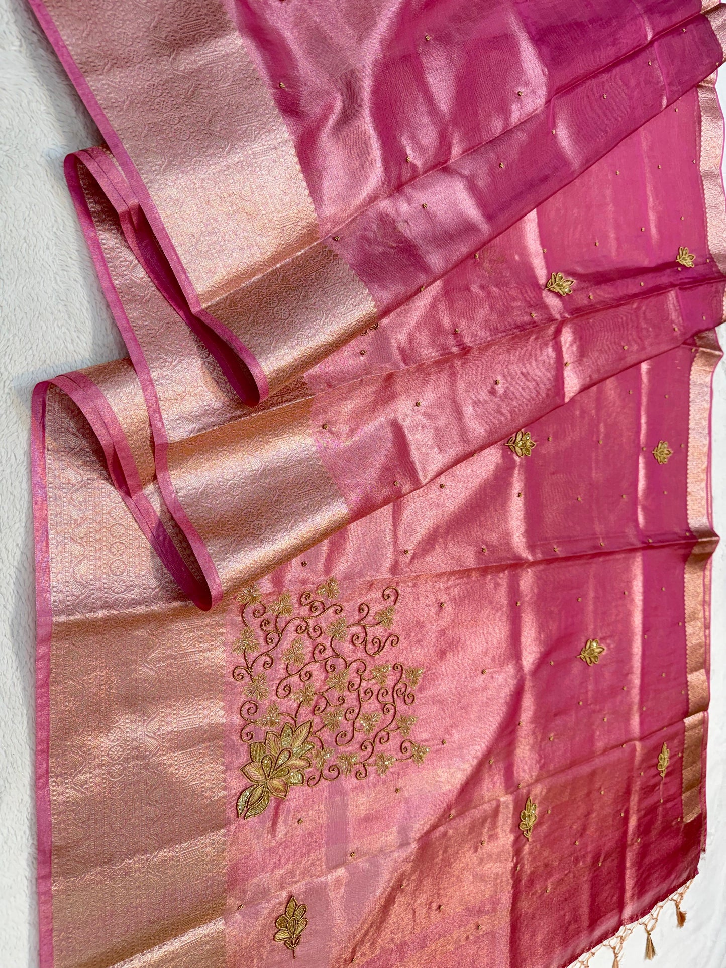 Pink Tissue Designer Handwork Premium Banarasi Saree