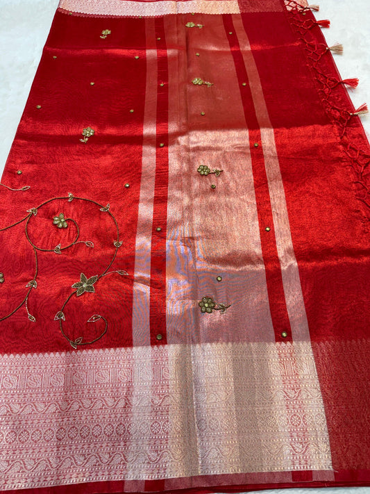 Red Tissue Designer Handwork Premium Banarasi Silk Saree