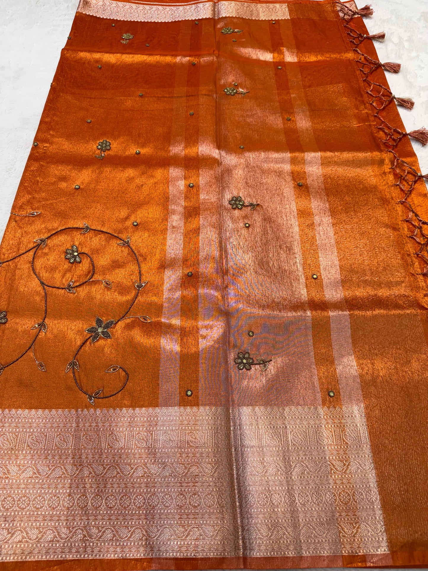 Orange Tissue Designer Handwork Premium Banarasi Silk Saree