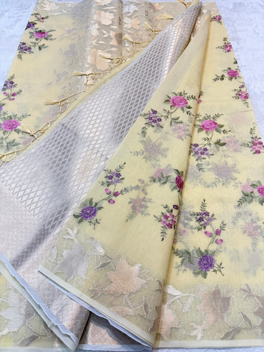 Gold Cotton Kota Designer Embroidery Premium Banarasi Saree